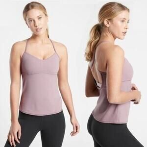 Athleta Vinyasa Support Tank Top Size M Flora Mauve Strappy Y Back Shelf Bra